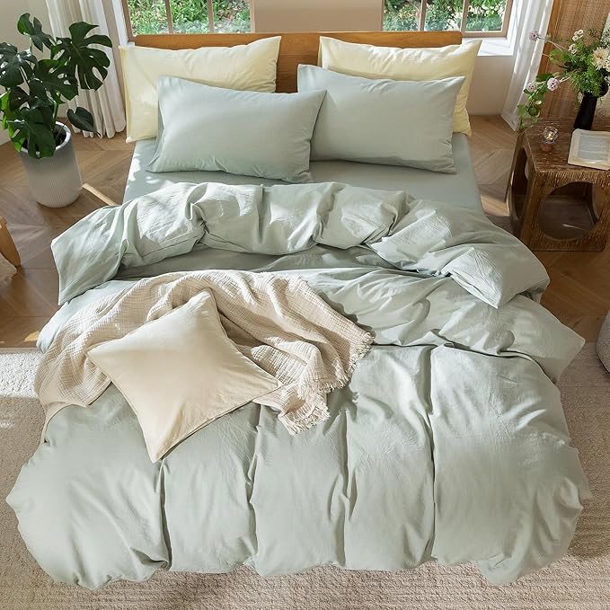 MooMee Bedding Duvet Cover Set 100% Washed Cotton Linen Like Textured Breathable Durable Soft Comfy (Heathered Sage Green, Super King 108"x98")