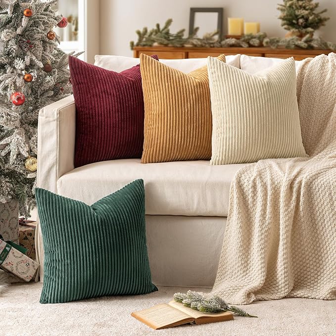MIULEE Corduroy Decorative Throw Pillow Covers Christmas Red Green 18x18 | Set - Image 2