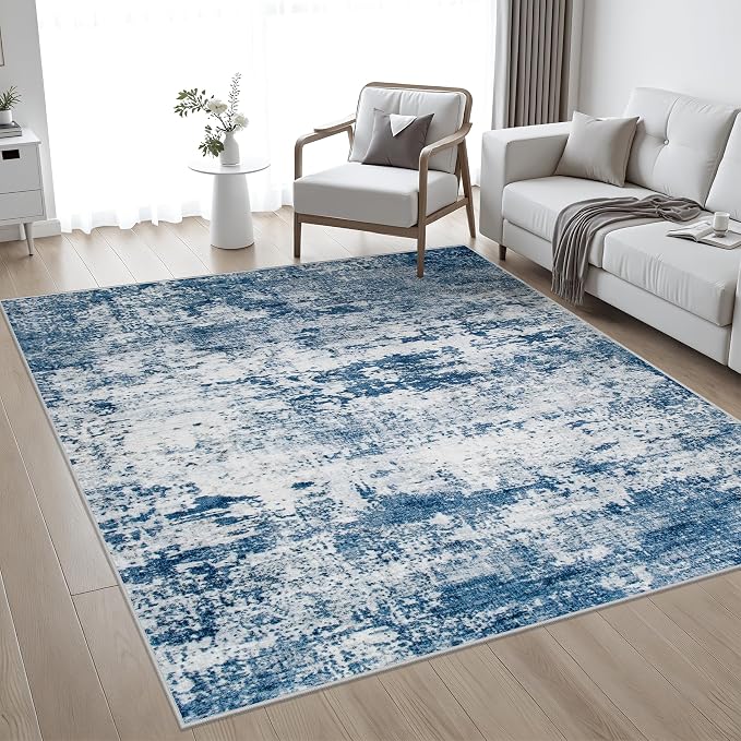 Area Rug Living Room: 6x6 Modern Washable Indoor Soft Carpet Blue | - Image 2