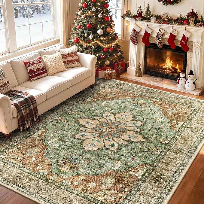 RELEANY Washable Area Rug, Brick/Brown/Green | Non-Slip, Water Repellent - Image 2