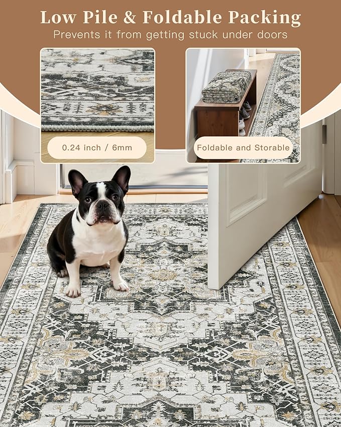 Madane Hallway Runner Rug 2'6''x10' Black, Washable Vintage Kitchen Runners | - Image 6