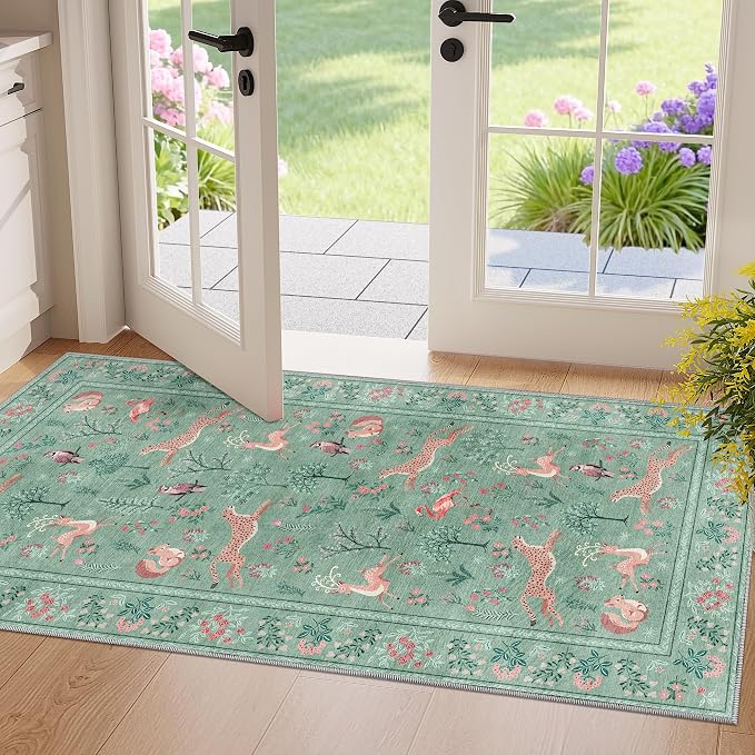 DUKINO 2x4 Rug for Entryway, Animal Washable Runner Rug for Kitchen, Teal | Non by DUKINO