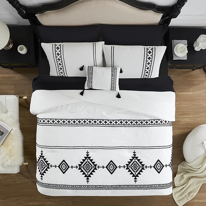 MaiRêve Embroidery Comforter Set Queen Size - 7 Piece, White Boho Western Bedding All Season Bed in A Bag, Farmhouse Queen Comforter Set with Sheets, Pillowcases & Shams