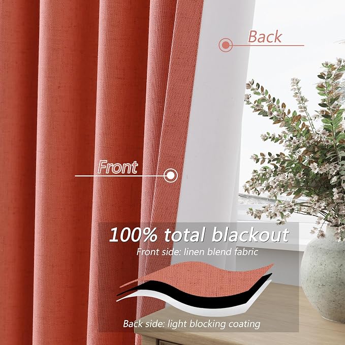 Coral 100% Blackout Linen Curtains 120 Inch Length 2 Panels Set - Image 4