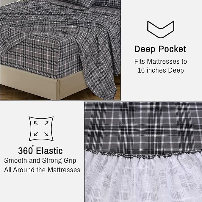 RUVANTI Flannel Sheets Twin Size - 100% Cotton Double Brushed Twin Sheets Set, Deep Pockets 16 Inches, All Seasons Breathable & Extra Soft Bed Sheets, Warm & Cozy, 3 Piece, Grey Plaid