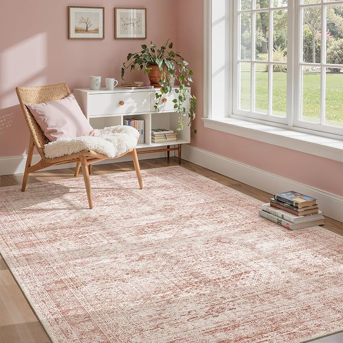 Soalmost 6x9 Area Rug for Living Room Washable Rugs Non-Slip Pink | Low-Pile by Soalmost