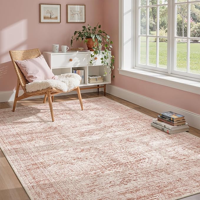 Soalmost 5x7 Area Rugs Pink Low Pile Washable Trendy Faded Style Rug | Vintage - Image 2