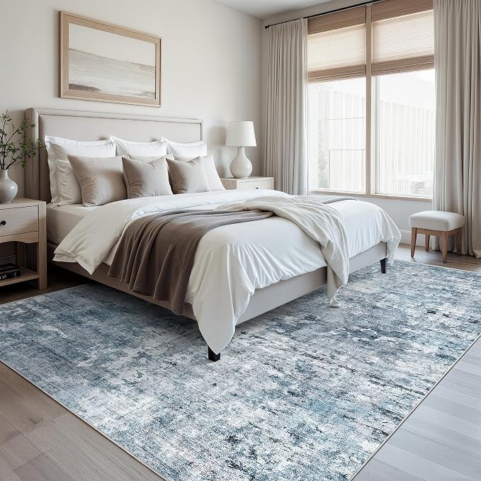 Soalmost Abstract Rug 8x10 Large Living Room Area Rugs Washable Blue/Grey | - Image 8