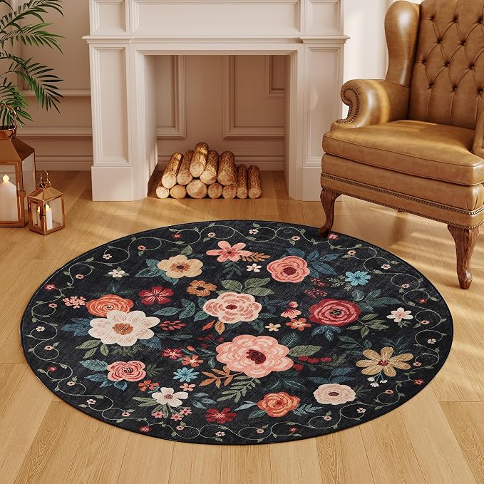 DUKINO 4ft Round Rug, Floral Washable Small Round Area Rug Non Slip, Low Pile - Image 5
