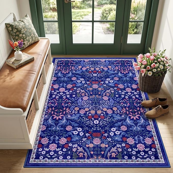 PLHXFR Area Rug Living Room: 3x5 Floral Washable Boho Soft Carpet Blue | by PLHXFRSoftAreaRugs