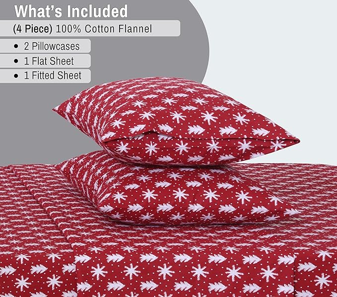 RUVANTI Flannel Sheets Full Size - 100% Cotton Double Brushed Bed Sheets Set, Deep Pockets 16 Inches, All Seasons Breathable & Extra Soft Full Sheets, Warm & Cozy, 4 Piece, Red Christmas