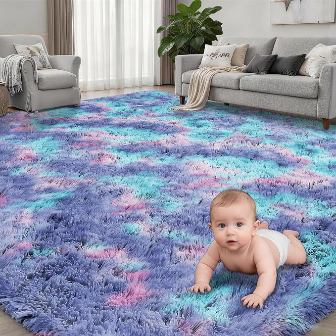 Area Rug Living Room Bedroom: 5x7 Fluffy Plush Shag Carpet Rainbow | - Image 2