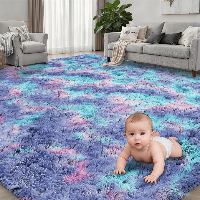 Area Rug Living Room Bedroom: 6x9 Fluffy Plush Shag Carpet Rainbow | - Image 2
