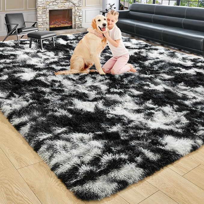 6x9 Large Tie-Dyed Black and White Fluffy Area Rug Non-Slip by ModernHomeDecor