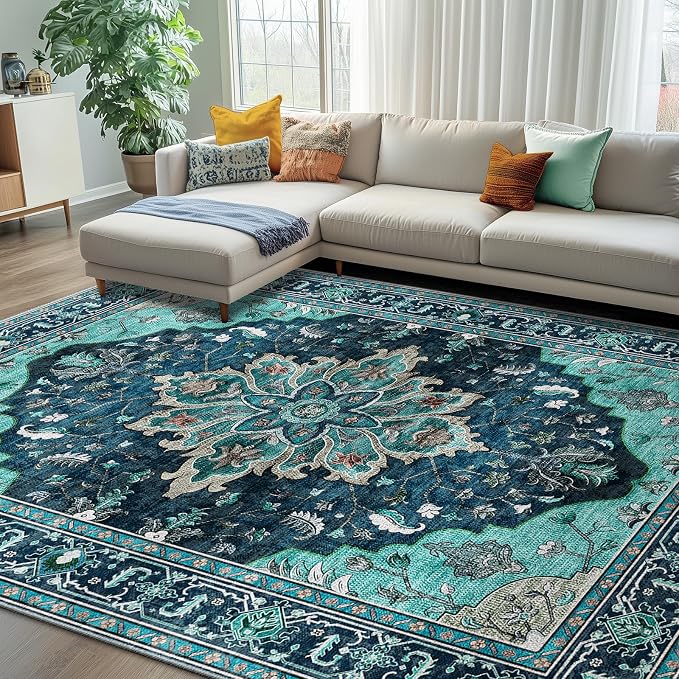 RELEANY Washable Area Rug, Teal | Non-Slip, Water Repellent, Pet Friendly by RELEANY