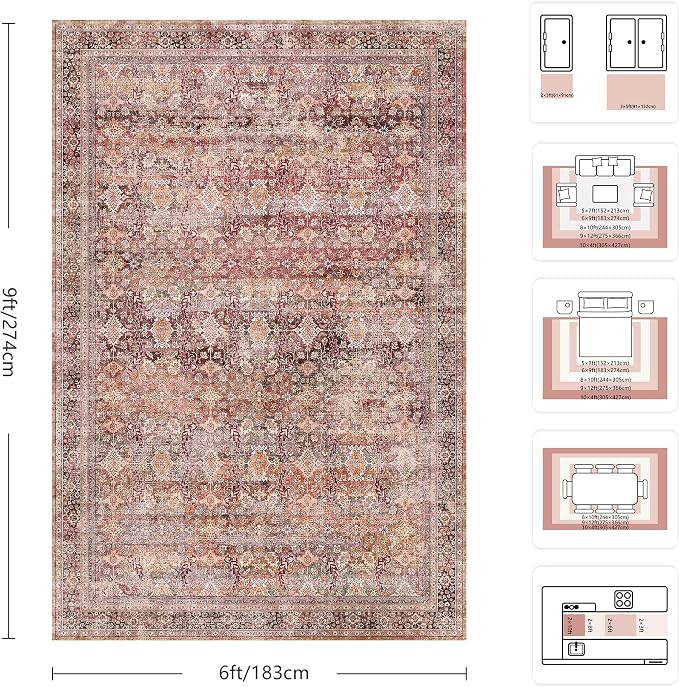 6x9 Area Rugs - Washable Vintage Retro Living Room Rug, Soft Ultra Thin Non - Image 2