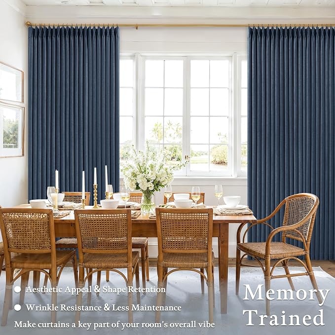 Navy Blue 84 Inch Pinch Pleated Blackout Textured Linen Curtains 2 Panels | - Image 3