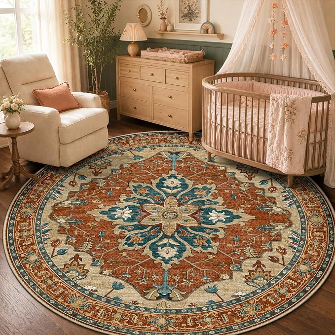 RELEANY Washable Area Rug, Round 5ft, Water Repellent, Pet Friendly, Vintage by RELEANY