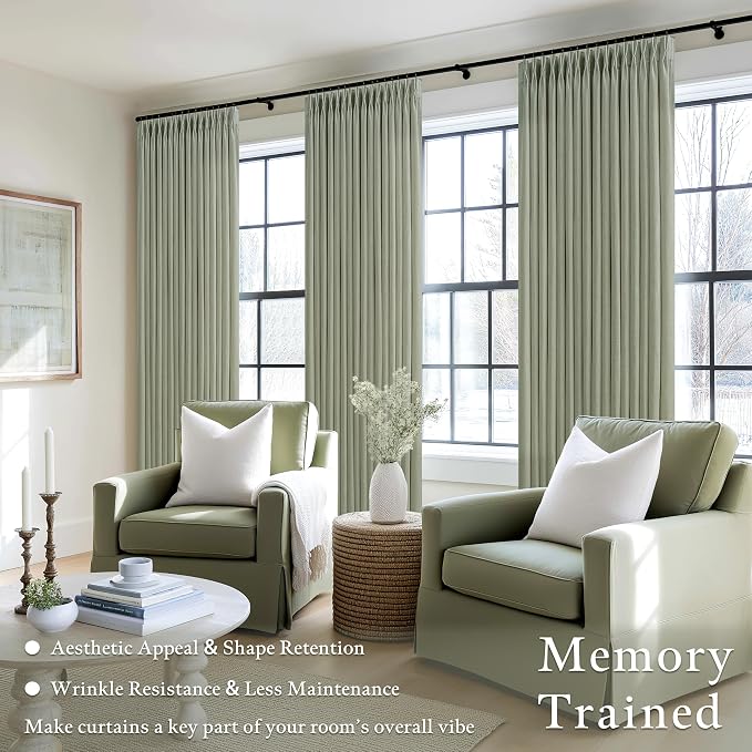 Thick Linen Pinch Pleat Sage Green Light Filtering Curtains 102 Inches Long | - Image 2