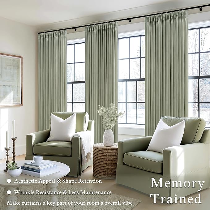 120 Inch Pinch Pleated Light Filtering Linen Curtains Sage Green 2 Panels | - Image 2