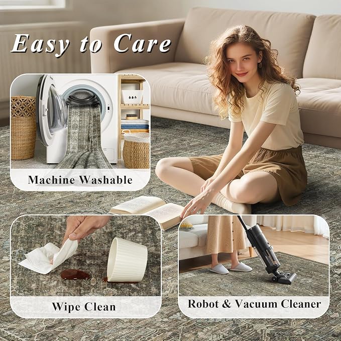 Schweek 8x10 Area Rug Brown Grey Washable Neutral Rugsfor Living Room | Non - Image 7