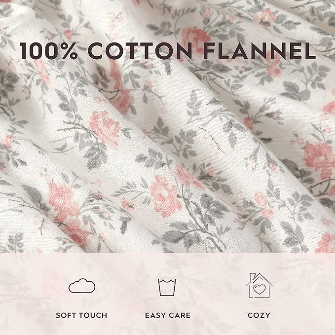 Laura Ashley - Flannel Sheets King Size, Anti-Pilling & Wrinkle Resistant Cotton, Touchably Soft for All-Season Comfort - Bed Sheets with Matching Pillowcases & Fitted Sheet (Rosalie Grey)