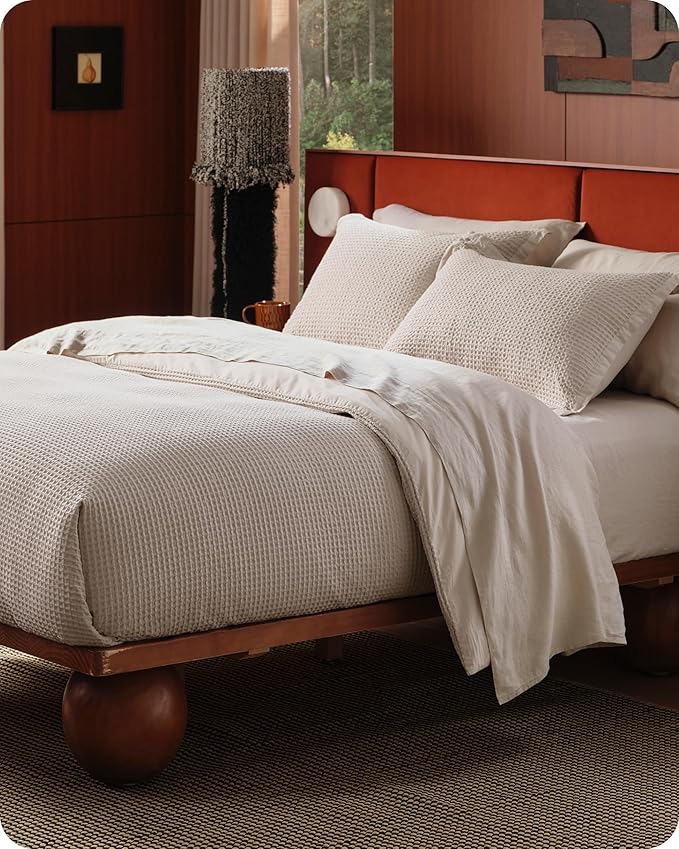 Bedsure Cotton Duvet Cover Set - 100% Cotton Waffle Weave Linen Color Duvet Cover California King Size, GentleSoft™ and Breathable Cal King Bedding Set for All Season, 3 Pieces, 104"x98"