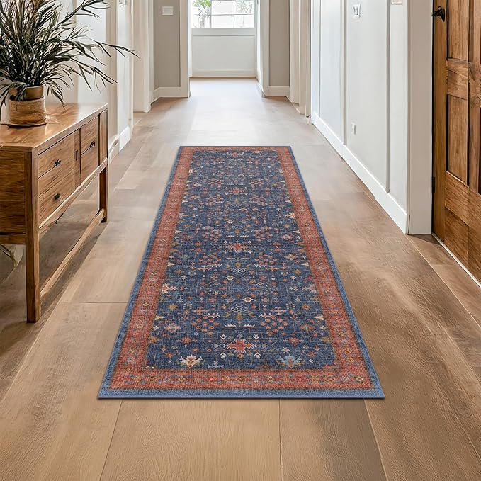 Navy Blue Runner Rug 2x5 for Hallway, Laundry Room, Washable Non Slip Non Skid by HazoHaus