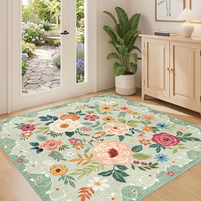 DUKINO 4x4 Square Area Rug, Soft Floral Washable Rug by DUKINO