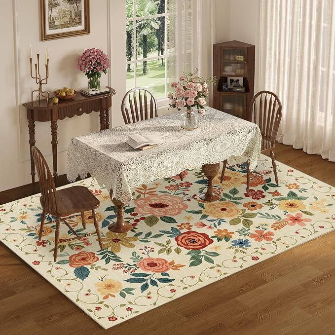 DUKINO 9x12 Area Rug for Living Room, Washable Rug Non Slip, Low Pile, Floral - Image 4