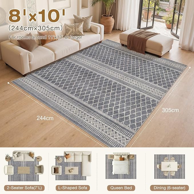 cotiled Boho 8x10 Area Rugs for Living Room: Large Moroccan Washable Rug | - Image 7