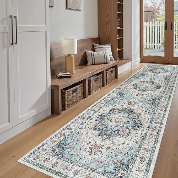Madane Hallway Runner Rug 2'6''x10' Blue, Washable Vintage Kitchen Runners | - Image 4