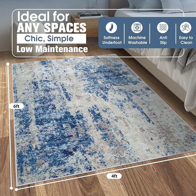 4x6 Area Rugs for Living Room Washable Bedroom Dining Room Blue Grey White | - Image 2