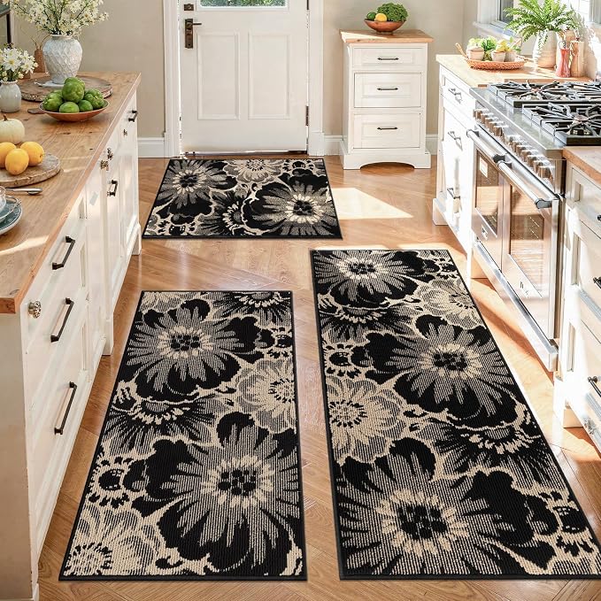 Findosom Washable Kitchen Rug Set of 3, Non Slip High-Low Textured Floral - Image 2