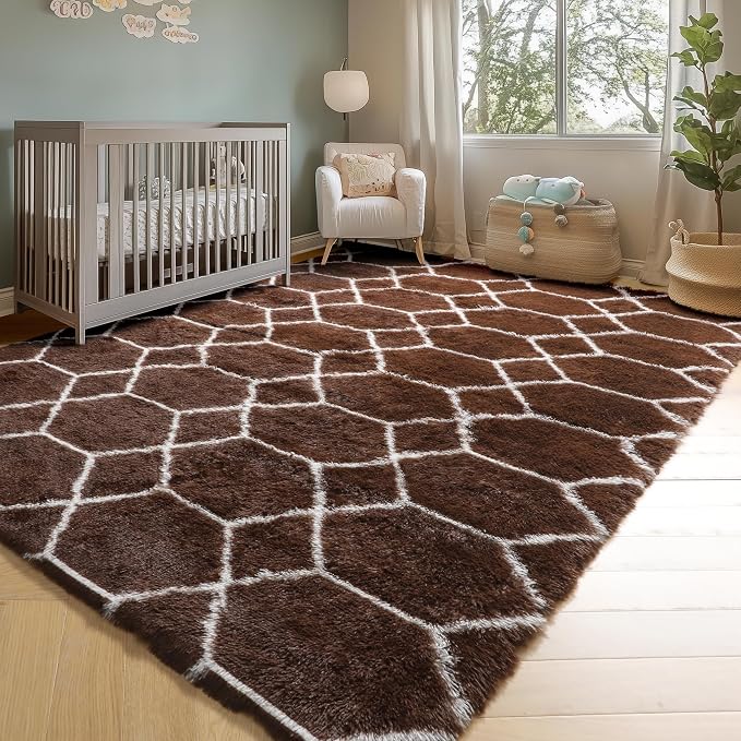 6x9 Area Rugs for Living Room Bedroom, Fluffy Brown and White Geometric Rug | - Image 6