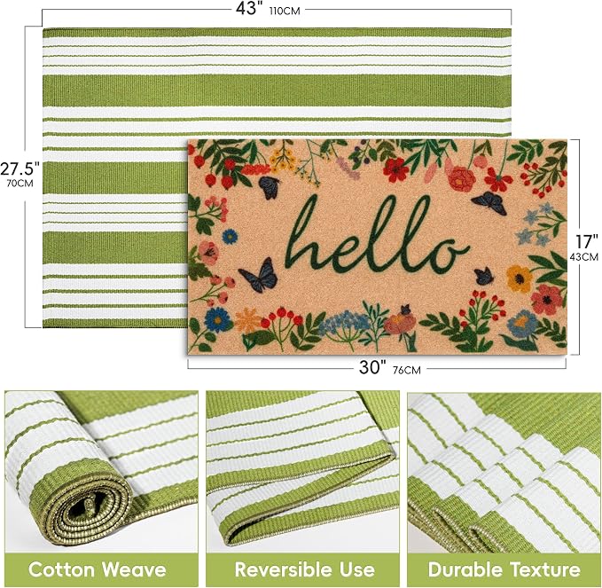 Front Door Mat Set, 2-Piece Spring Floral Hello Welcome Doormat | Layered porch - Image 2