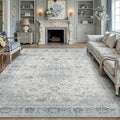 8x10 Light Blue Retro Floral Washable Area Rug by HUGEAR