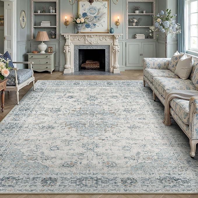 9x12 Light Blue Retro Floral Washable Area Rug by HUGEAR