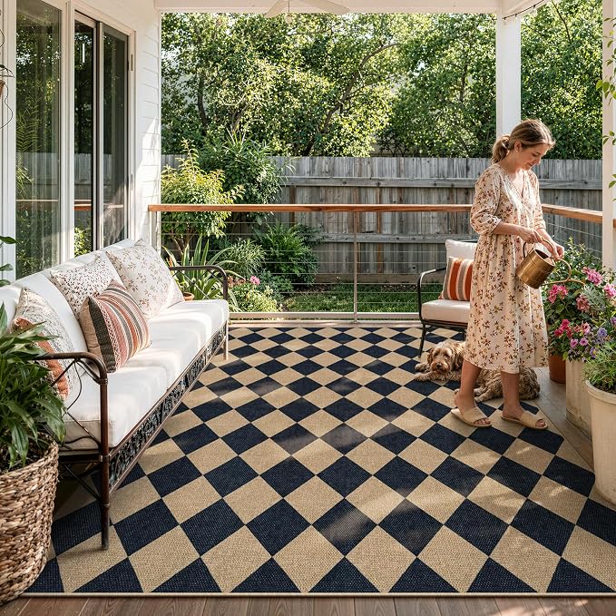 Lahome Checkered Easy Jute Outdoor Patio Rug, 8x10 Living Room Rug Washable | by Lahome
