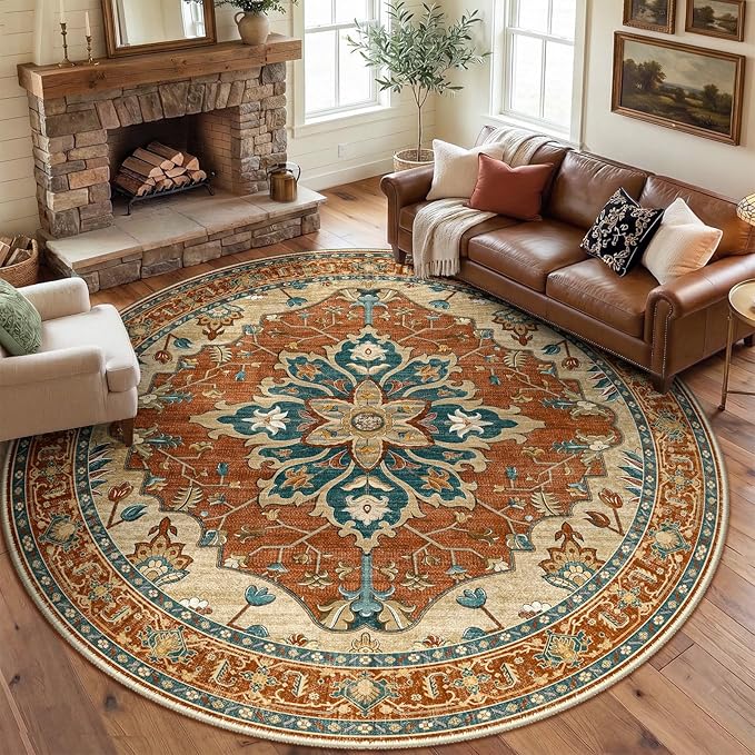 RELEANY Washable Area Rug, Round 8ft, Water Repellent, Pet Friendly, Vintage by RELEANY