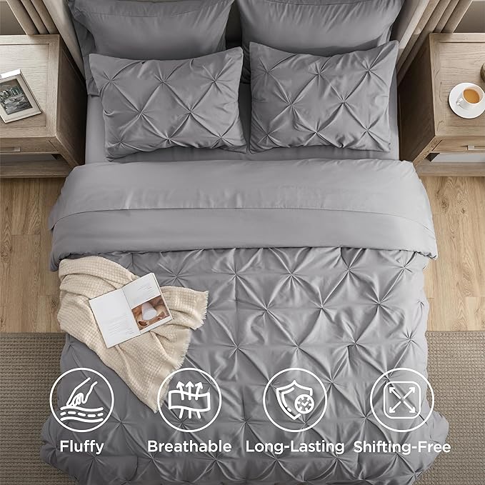 Bedsure Oversized King Comforter Set Grey - Bed in a Bag Bedding Set 7 Pieces, GentleSoft™ Pintuck Bed Set Gift for Family, Pinch Pleat Grey Comforter with Sheets, Pillowcases & Shams