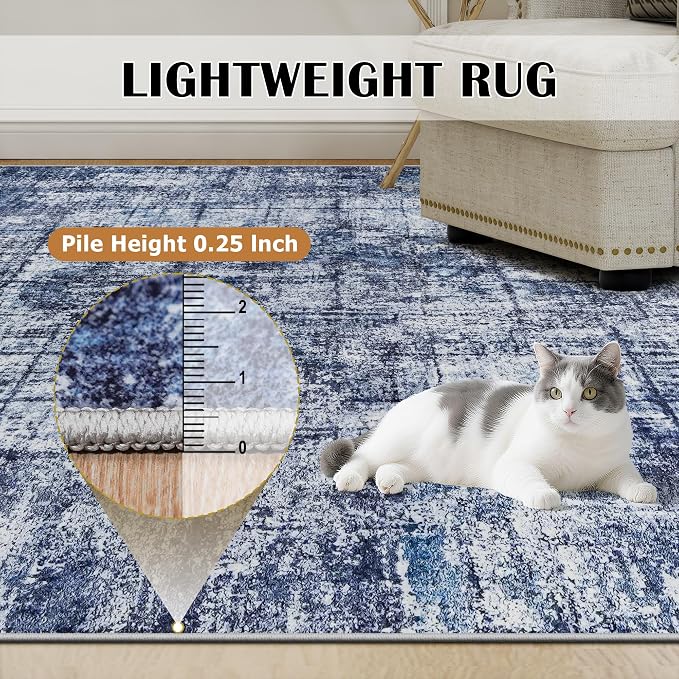 8x10 Washable Area Rug for Living Room Bedroom: Non-Slip Modern Navy Blue | - Image 6