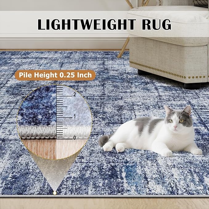 9x12 Washable Area Rug for Living Room Bedroom: Non-Slip Modern Navy Blue | - Image 7
