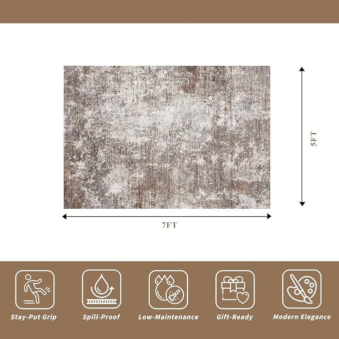5x7 Area Rug Living Room Washable Neutral Brown Beige | Soft Low Pile Non Slip - Image 2