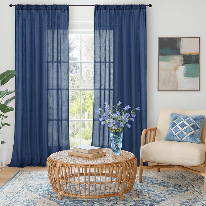 BGment Navy Blue Linen Curtains 84 Inches Long, Semi Sheer Drapes 2 Panels Set - Image 2