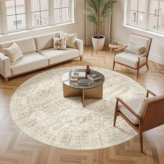 Soalmost Round Rugs 9ft Living Room Circle Area Rug 9x9 Beige Vintage | - Image 2