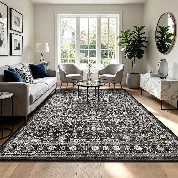 Grey Area Rug 10x14 for Living Room Bedroom | Low Pile; Non Slip;Machine - Image 5