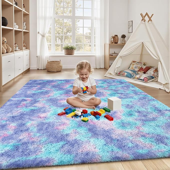 PLHXFR 6x9 Area Rugs Living Room: Fluffy Bedroom Soft Shag Rug Kid Rainbow | - Image 4