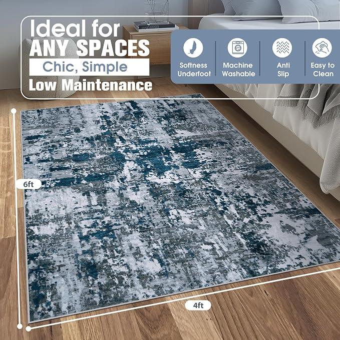 4x6 Area Rugs for Living Room Washable Bedroom Dining Room Navy Grey | Modern - Image 2