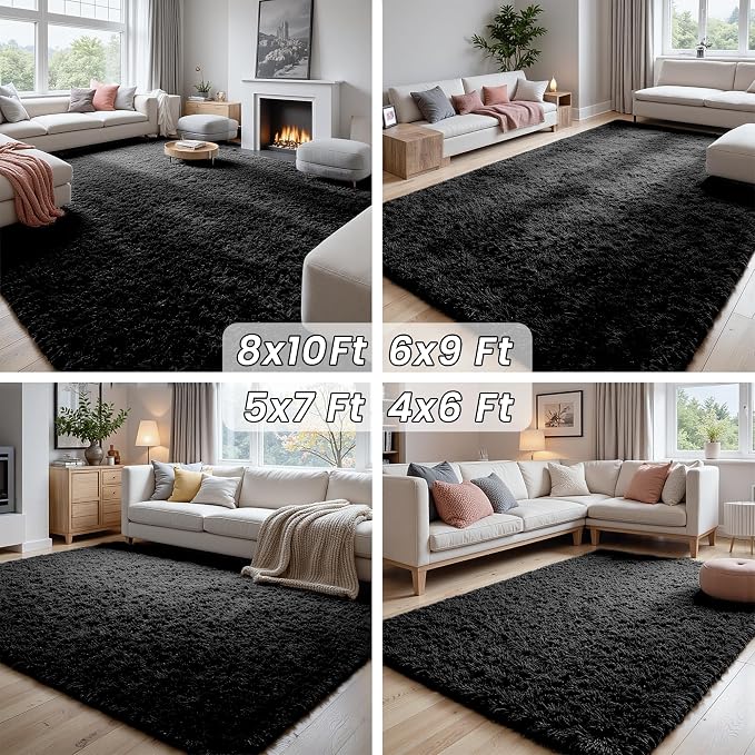8x10 Fluffy Shag Area Rugs for Living Room Bedroom: Soft Plush Carpet Black | - Image 8